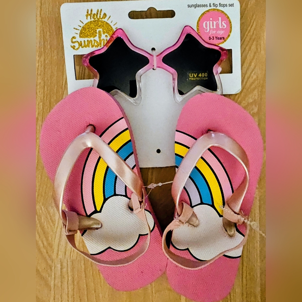 Pink Rainbow Toddler Flip Flops with Star Sunglasses